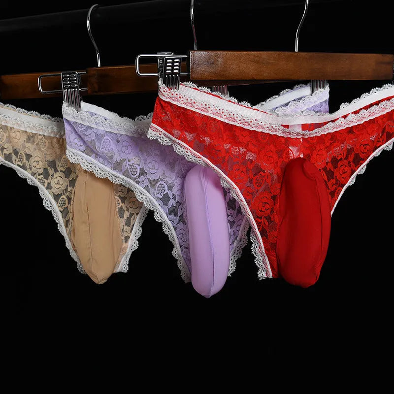 Men's lace underwear briefs with vertical pouch design in black colour