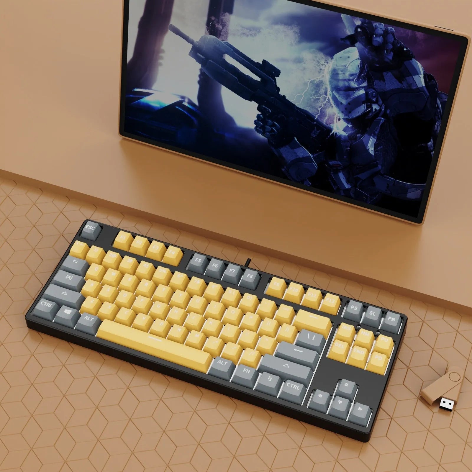 87-key wired mechanical gaming keyboard with hot-swappable switches shown in a two-tone colour scheme on a metal chassis.