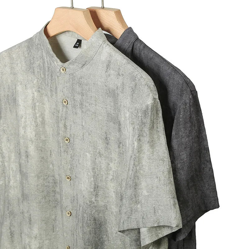 Men's loose fit linen shirt with stand collar in solid grey colour, cardigan style casual top