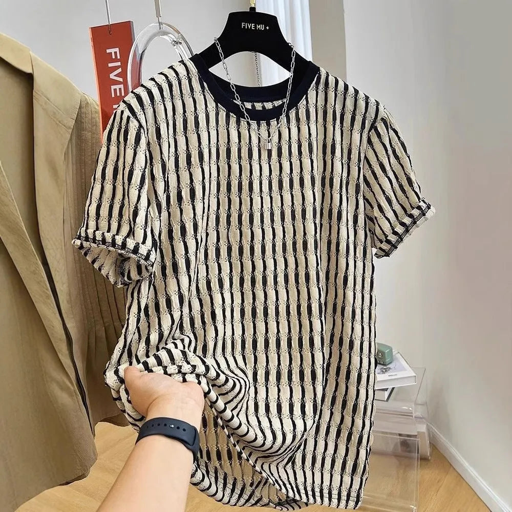 Black striped men's loose fit short sleeve casual shirt made from silk and linen fabric.