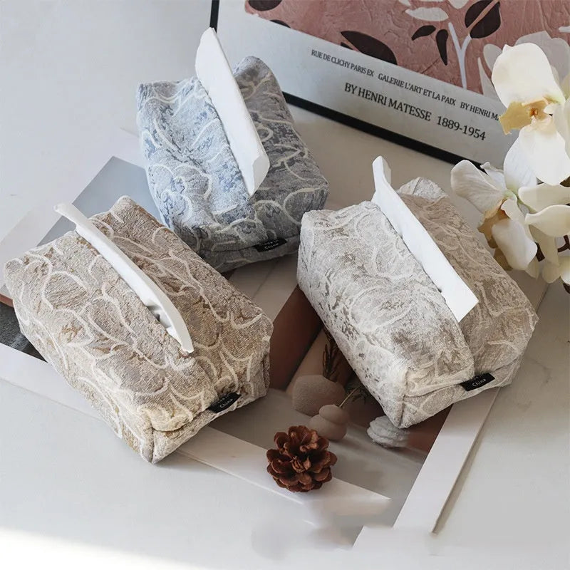 Chinese pastoral style fabric tissue box with rose pattern, 17x11x7cm dimensions in cotton material