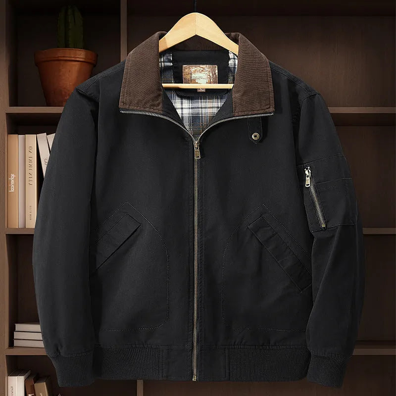 Men's plus size washed cotton baseball flight jacket shown in camel colour.