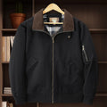 Men's plus size washed cotton baseball flight jacket shown in camel colour.