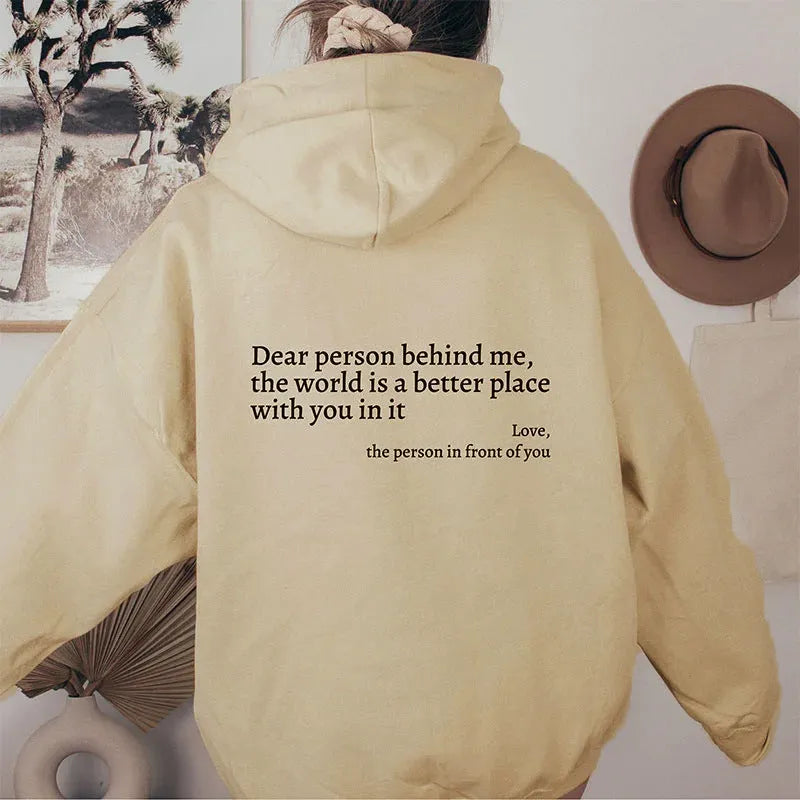 Women's pullover hoodie with printed letter saying and kangaroo pocket in grey