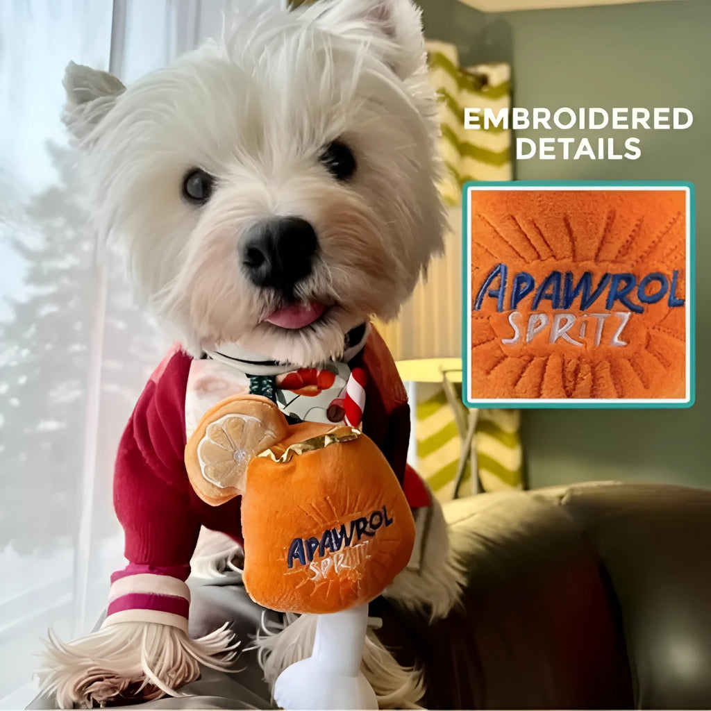 Yellow plush squeaky dog toy shaped like a beer bottle cup with textured surface