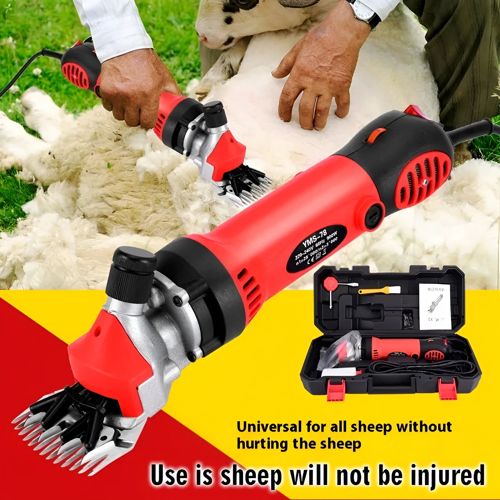 Yellow electric wool shears with 110V plug and multiple blade configurations for sheep shearing