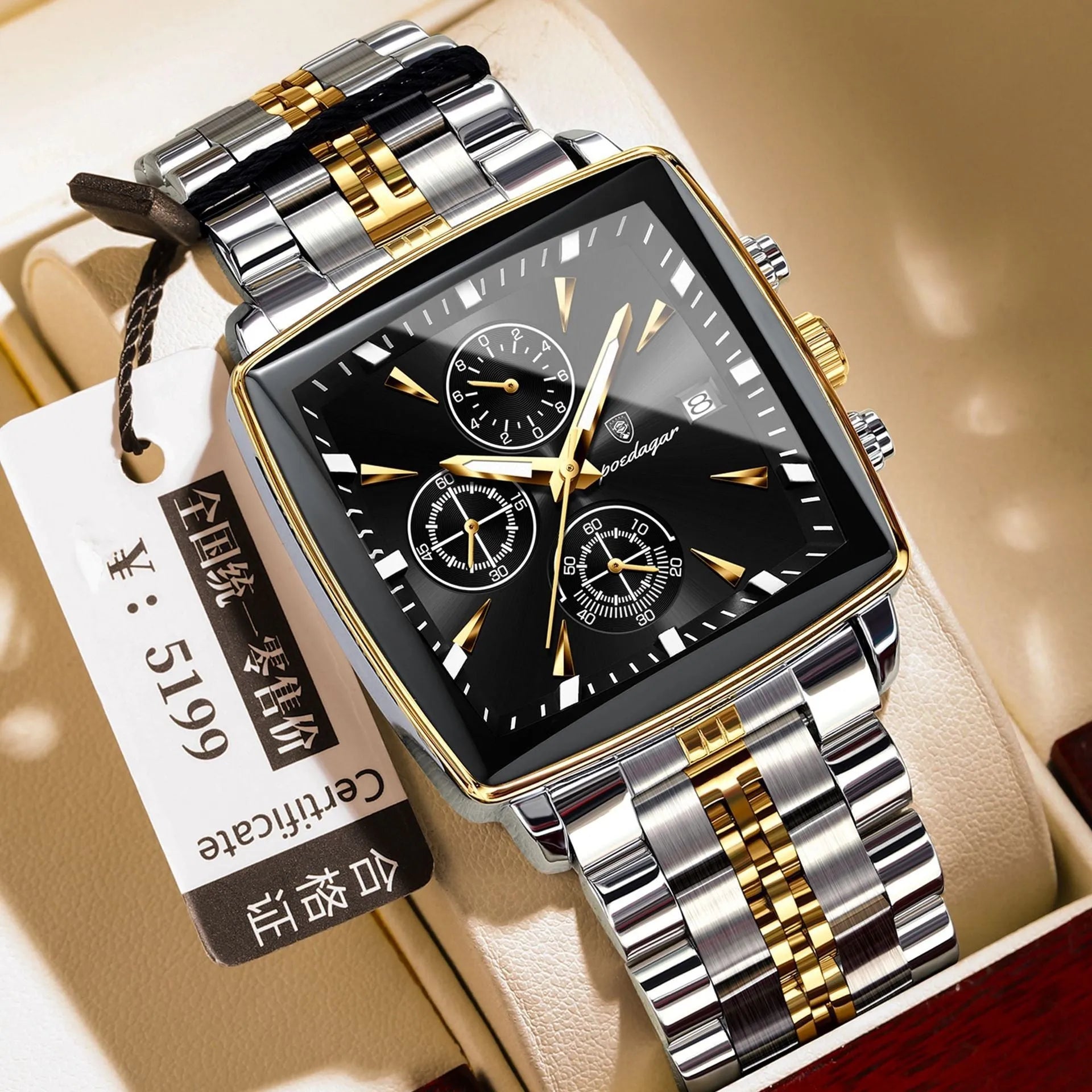 Square men's business quartz watch with stainless steel strap and butterfly buckle