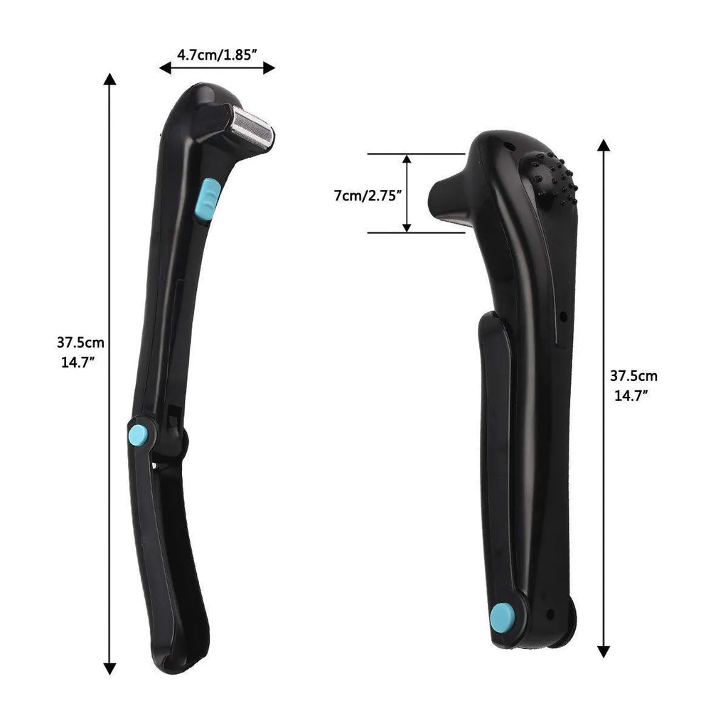 Black women's electric body shaver with folding hair back compartment for battery-powered hair removal