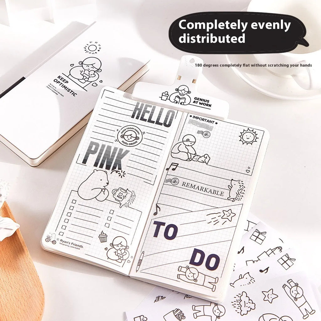 Small white paper notebook with plaid interior and simple cute style, includes stickers.