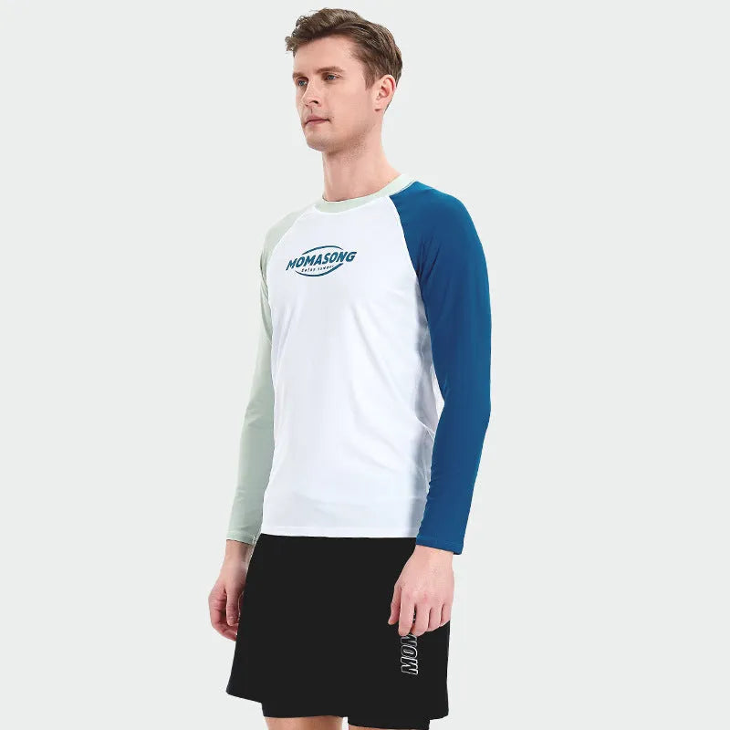 Men's white long-sleeve swim shirt and matching colour block swim trunks set on a man.