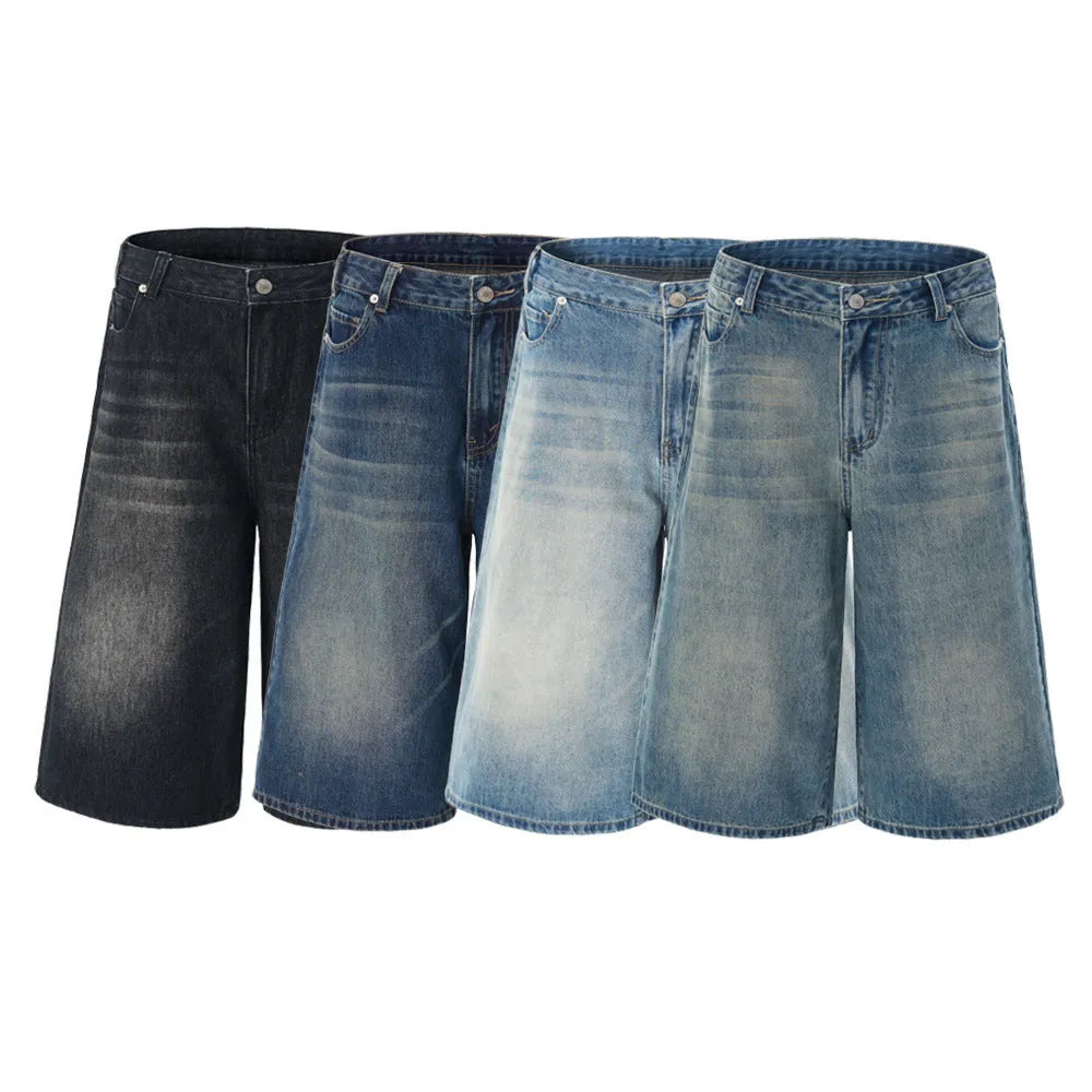 Men's straight-leg denim shorts in light blue with cropped ankle length