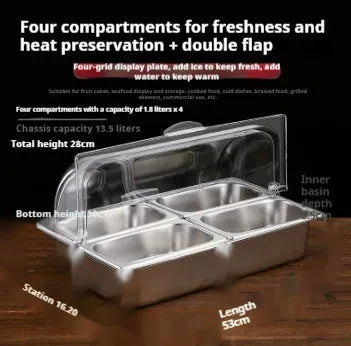 Stainless steel commercial dining plate display box with a removable lid and multiple inner compartments.