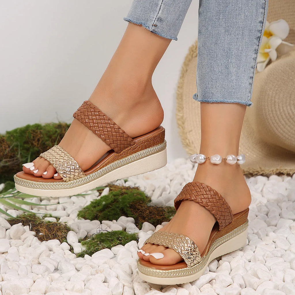 Gold wedge sandals for women with PU upper and rubber sole, shown in a plus size width.
