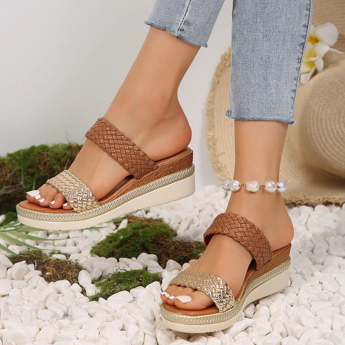 Gold wedge sandals for women with PU upper and rubber sole, shown in a plus size width.
