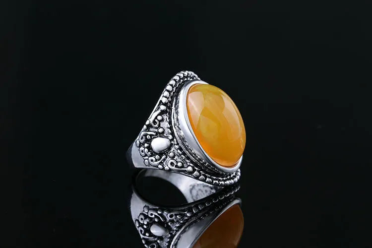 Retro geometry alloy ring antique silver amber colour with fluorescent beeswax design