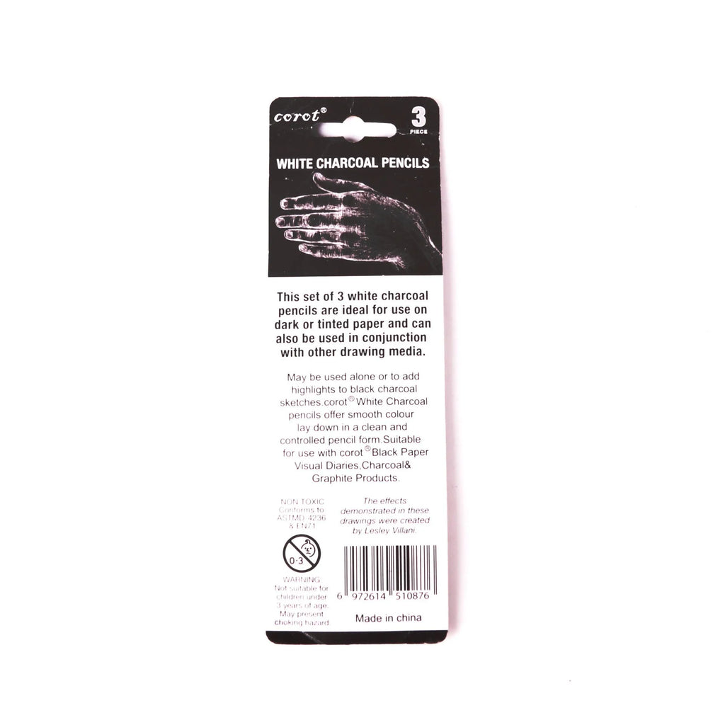 Three white charcoal sketching pencils with wooden barrels for highlighting on dark paper