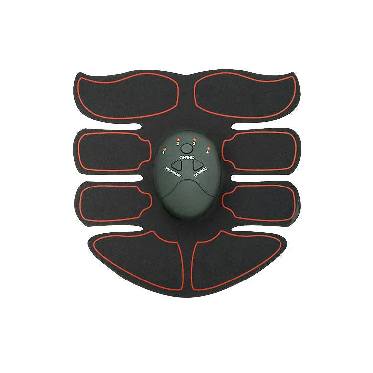 Digital EMS abdominal muscle trainer patch set with three pieces and a charging unit in red, blue, or yellow.