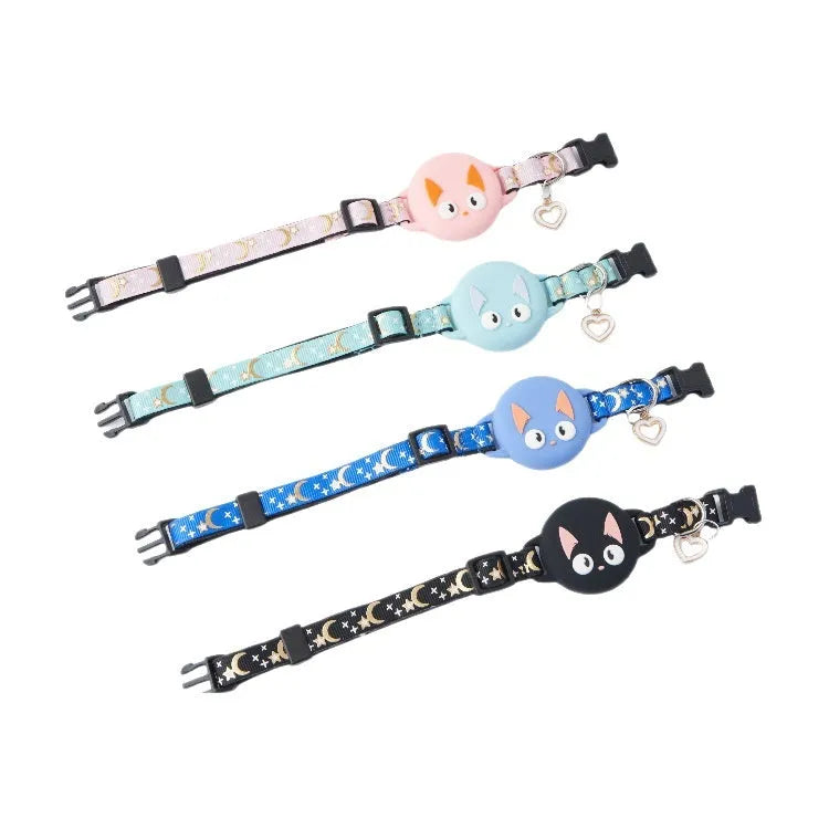 Pink and blue adjustable plastic AirTag cases shown as cat collars with size options S and M