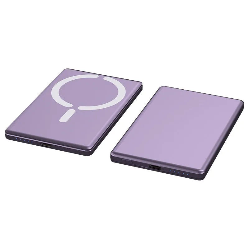 Ultra-thin magnetic power bank in dark grey, silver, black, or violet colours with compact 105x66x9mm dimensions