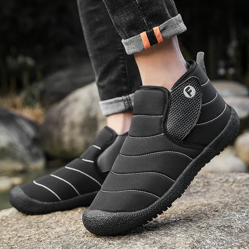 Men's waterproof snow boots with non-slip rubber soles available in black, blue, green, and yellow
