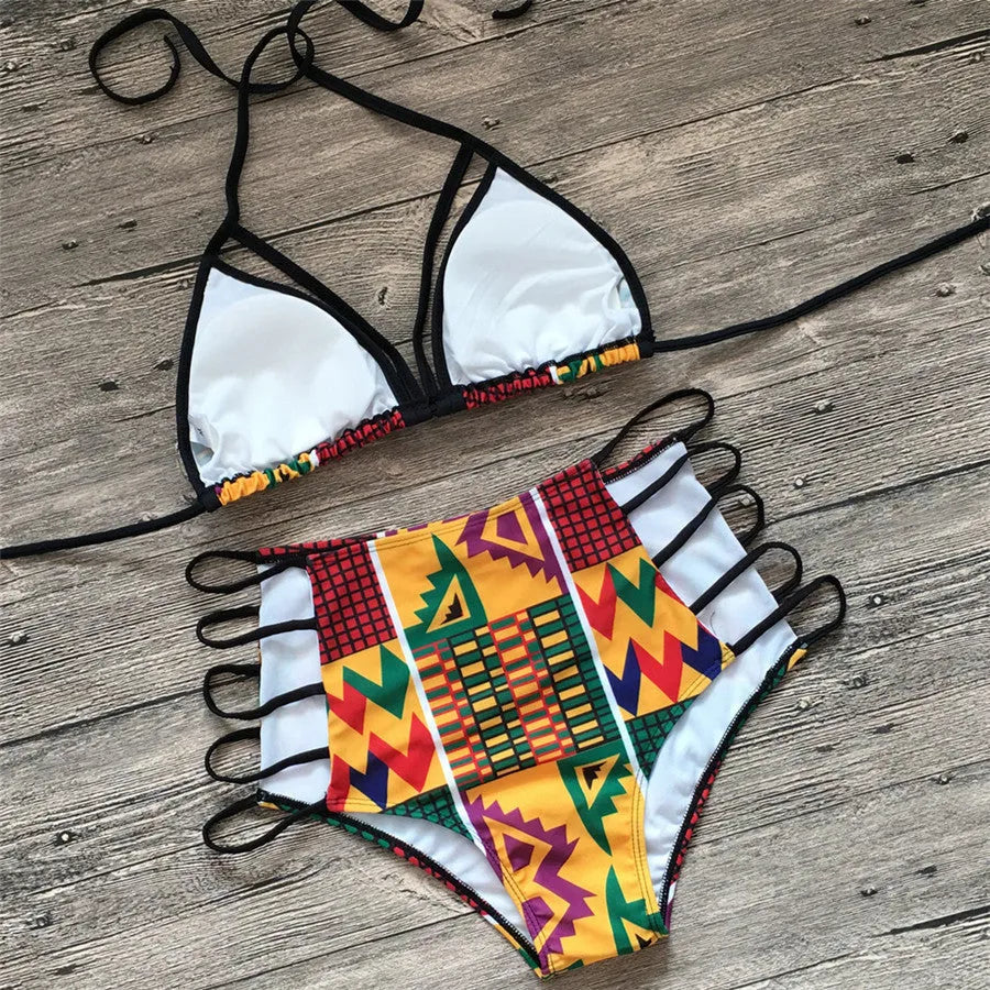 Women's high-waisted bikini swimsuit with backless design and digital printing in various colours