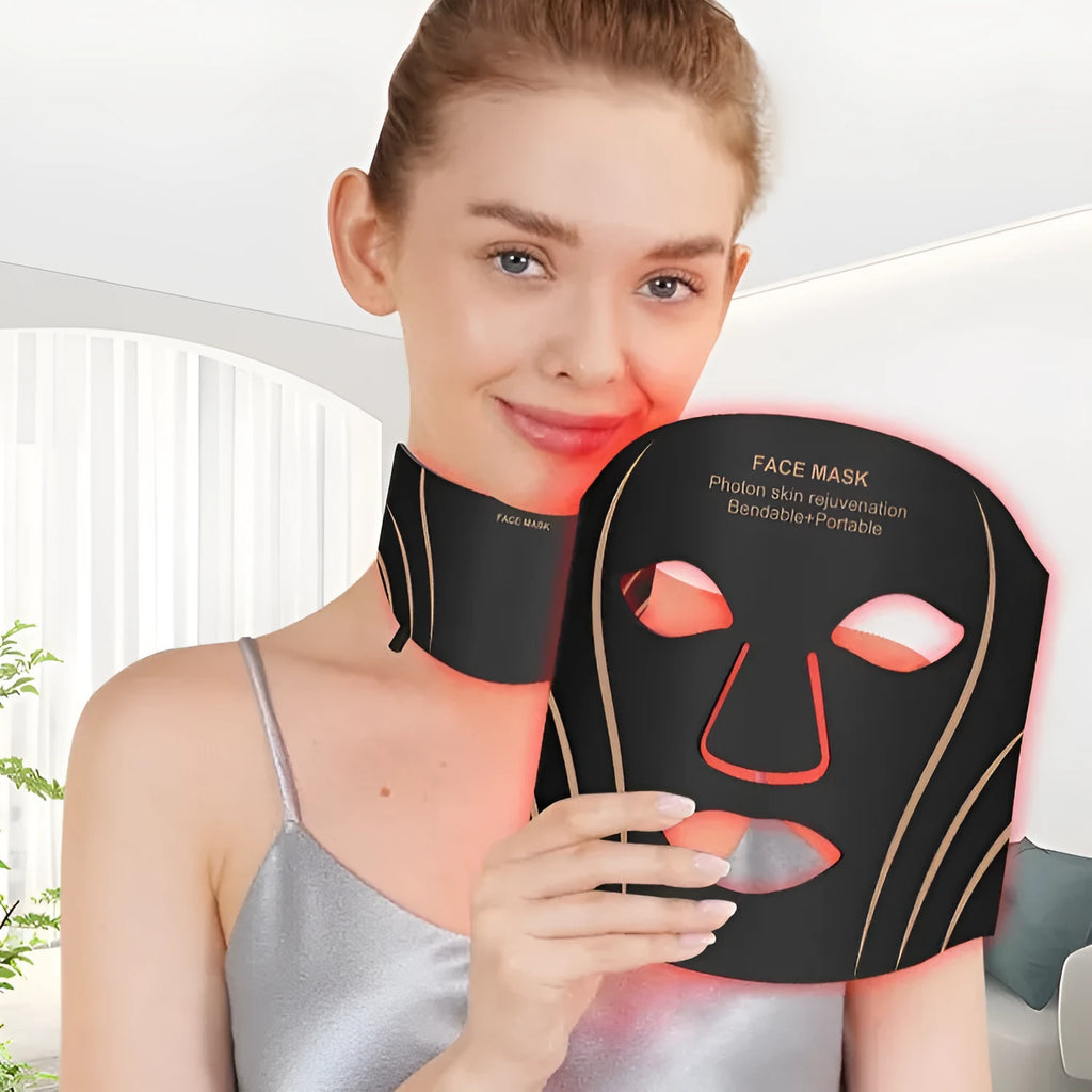 Black and gold hard shell IPL photon facial beauty mask with adjustable headband and touch screen button.
