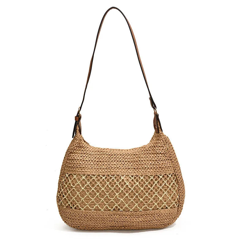 Women's khaki straw cross body bag with horizontal square shape and shoulder strap