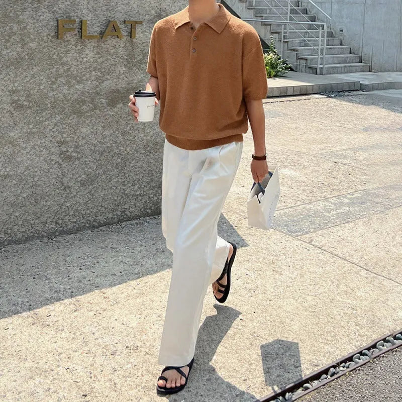 Retro knitted polo shirt for men in caramel colour with asymmetric design and short sleeves