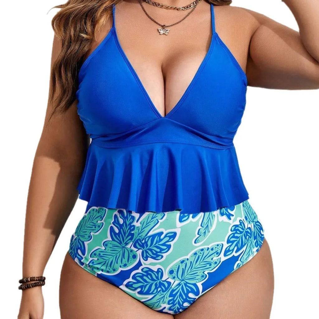 Blue plus-size bikini swimsuit set with top and briefs shorts on a mannequin.