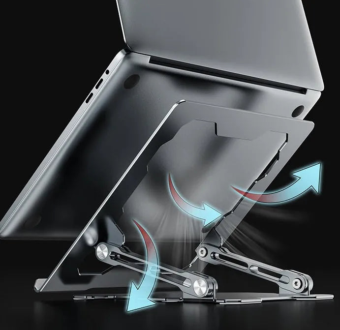 Grey aluminium laptop stand with adjustable angle and folding legs for portable use