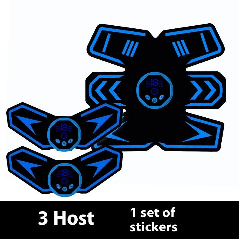 Eight abdominal massage patches for waist reduction in black and blue colours with PU leather, silicone and ABS construction