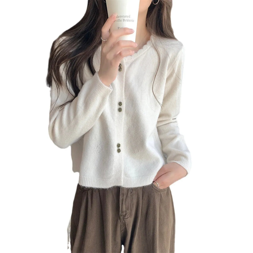 Women's acrylic long-sleeved cardigan coat in milky white, red, pink, light purple, or black colours
