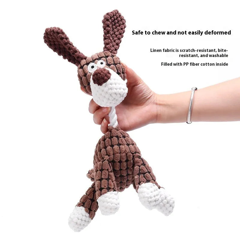 Bite-resistant puppy plush toy collection showing rechargeable duck, donkey, elephant, and dog styles