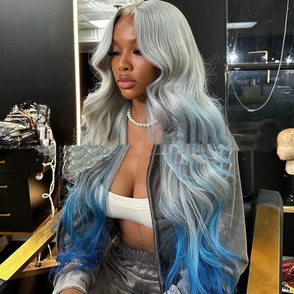 Grey and blue gradient human hair lace front wig with natural-looking 4x4 lace frontal.