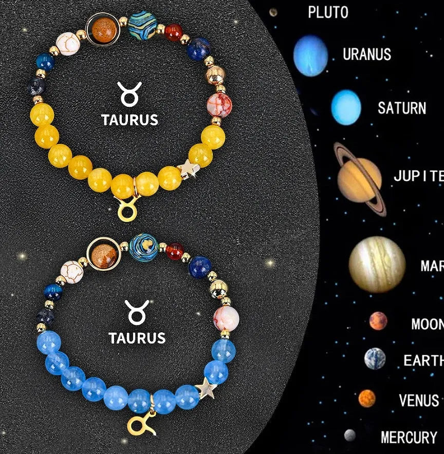 Natural stone beaded bracelets for twelve zodiac signs in two-piece astrology jewellery set