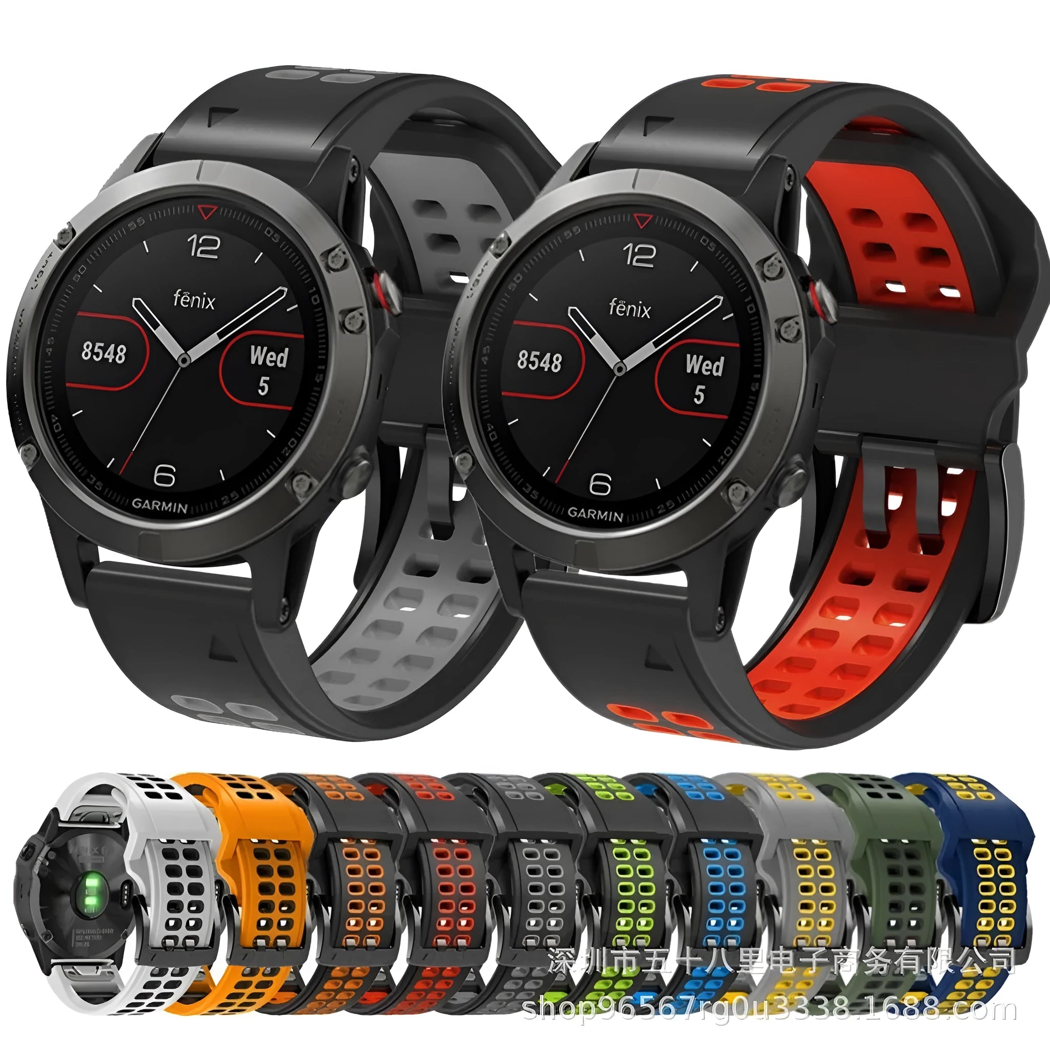 Quick release double-row hole silicone sports watch strap in a two-tone colour on a watch.