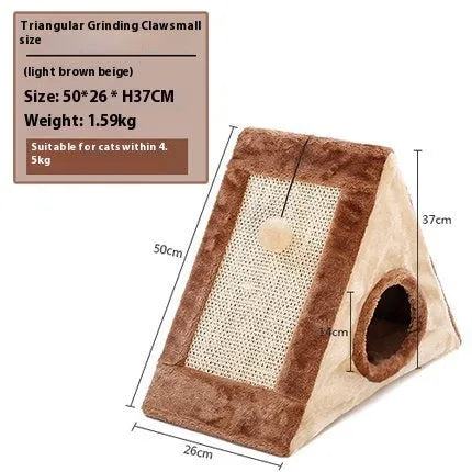 Grey and white triangle-shaped cat bed with sisal scratching side and plush sleeping area
