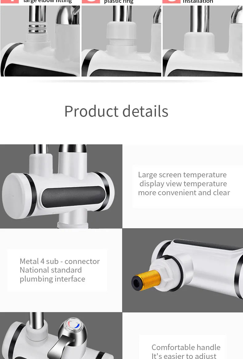 White kitchen electric water heater tap with digital temperature display and instant heating function