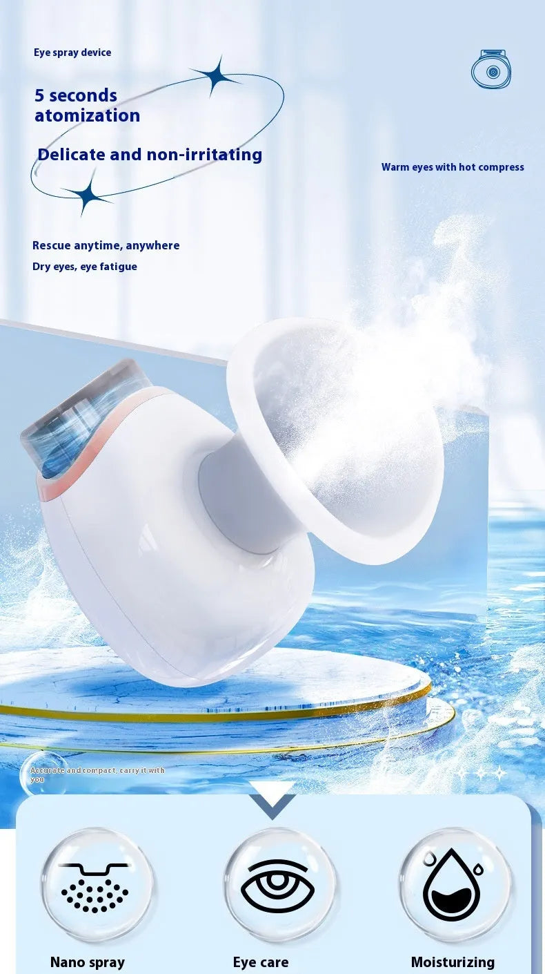 Purple and white household eye humidifier with charging cable on white background