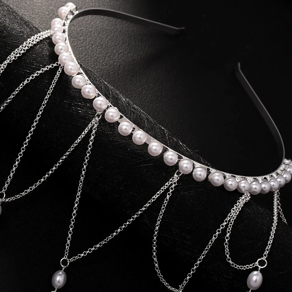 Gold or silver mesh tassel hair chain with pearl elements for women