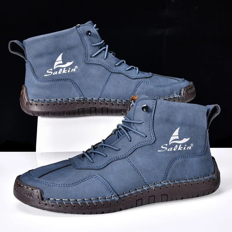 Men's high-top casual boots with elastic band closure and round toe design in dark blue colour