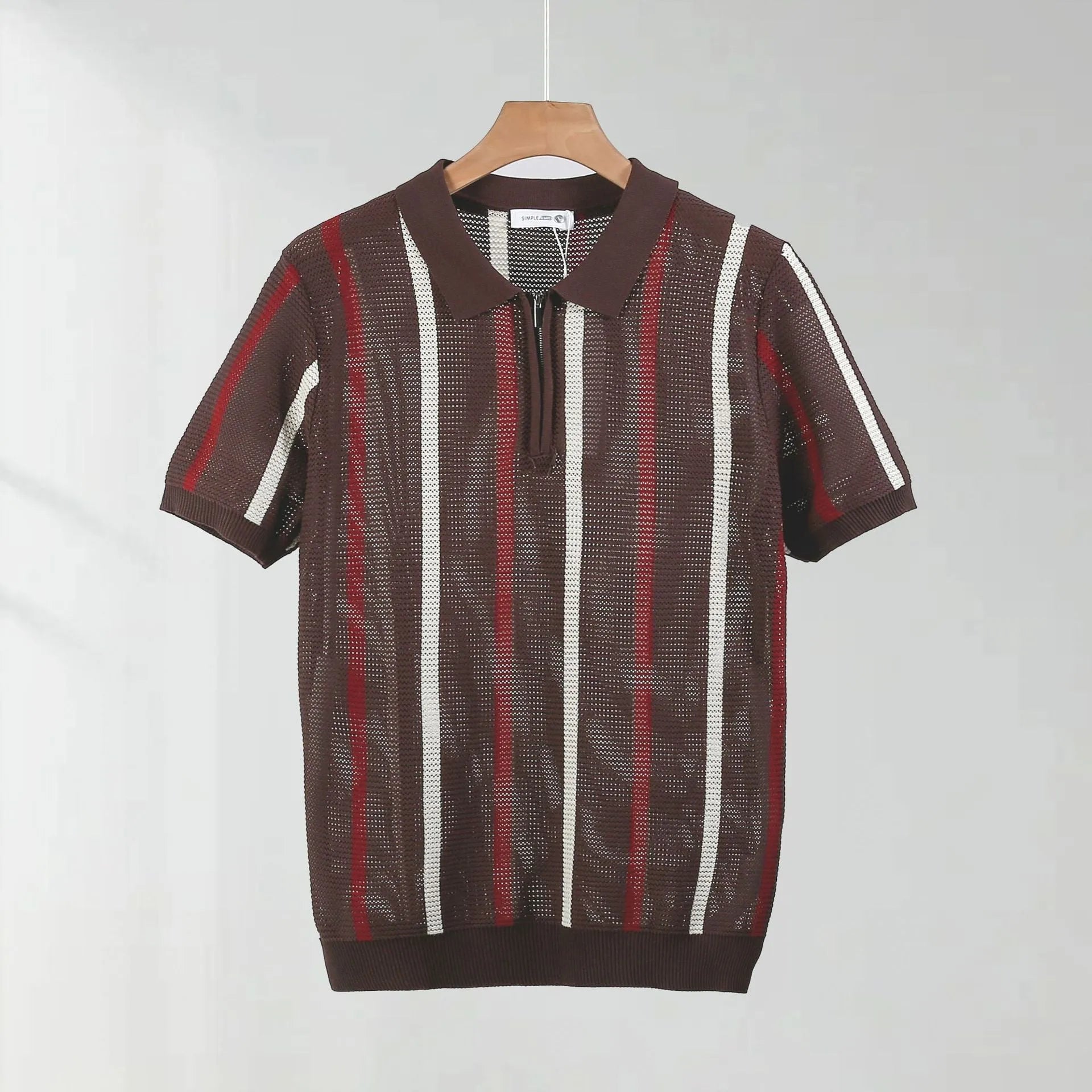 Men's black hollow mesh short-sleeved polo shirt with zipper decorations and loose knitting style