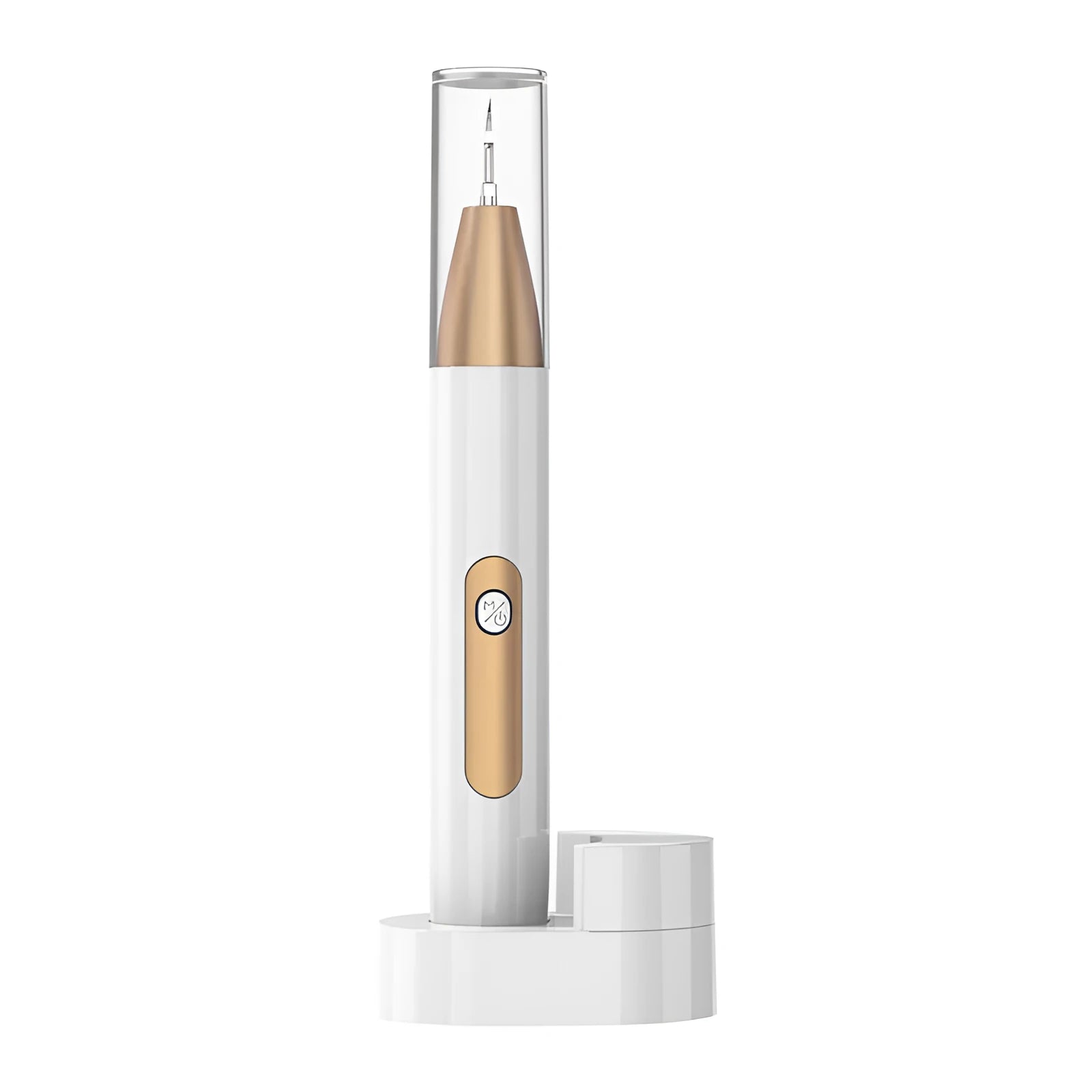 Gold handheld ultrasonic tooth cleaner for removing tartar and surface stains.