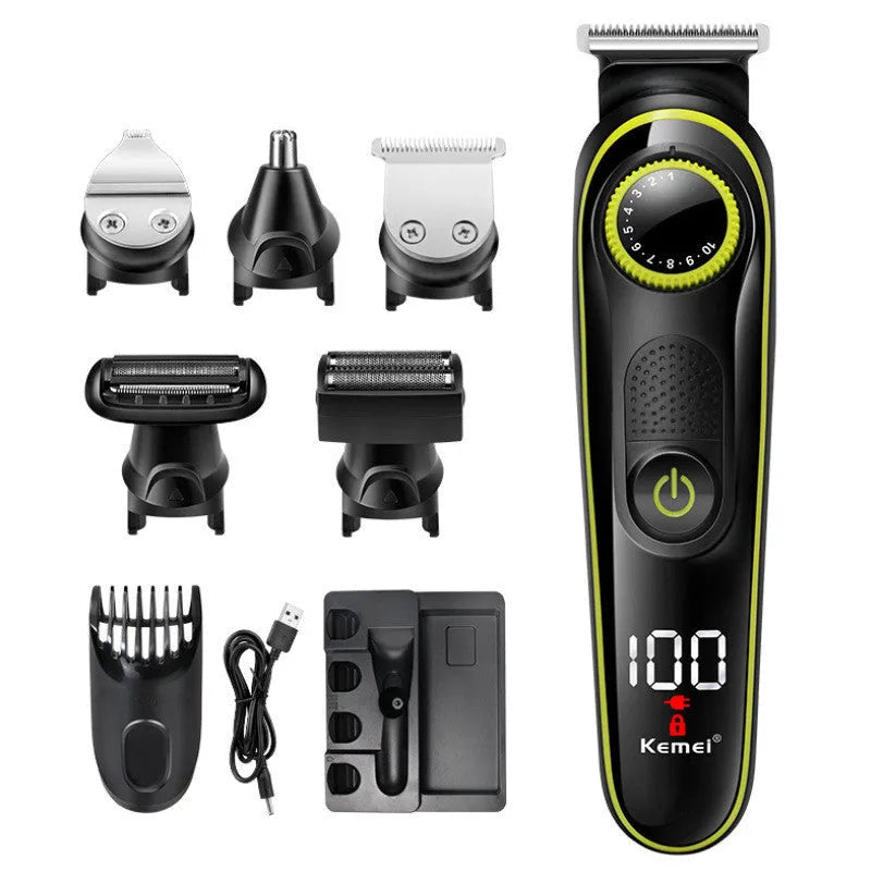 Black KM-696 rechargeable electric hair clipper kit with stainless steel blade and USB charging cable