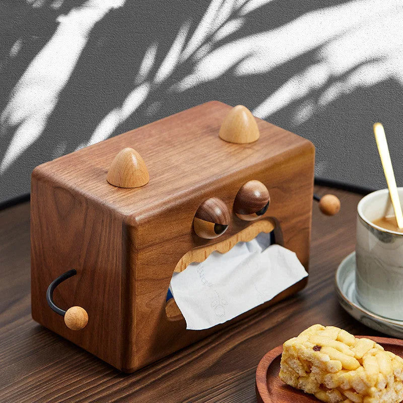 Little Monster cartoon wooden tissue box in walnut beech finish showing dimensions