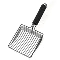 Black metal alloy cat litter scoop with 0.8cm wide sifting slots and an ergonomic handle.