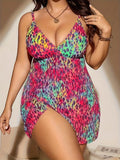 Plus size women's bikini swimsuit with split skirt design in blue, purple, red or rose red colours