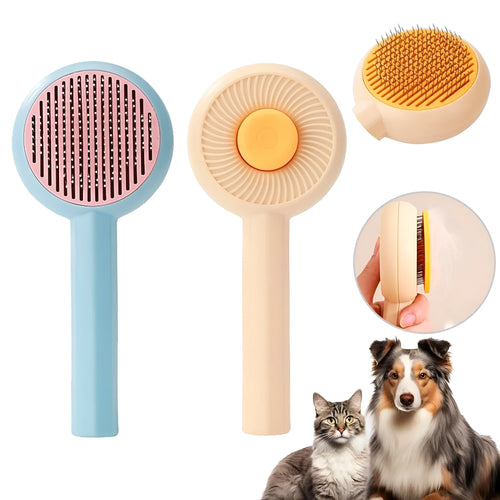 Blue and yellow pet grooming brush with metal pins and a self-cleaning button