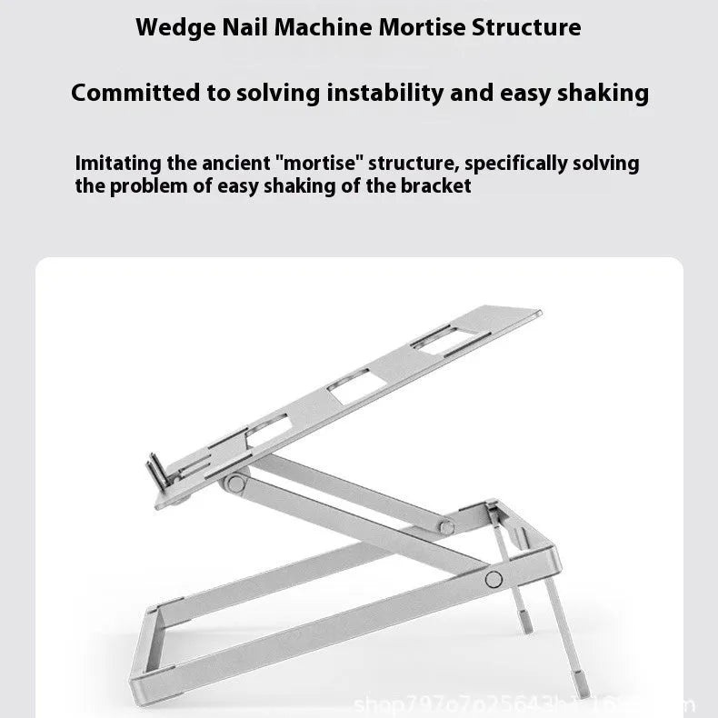 Aluminium alloy folding laptop cooling rack showing its size and riser design