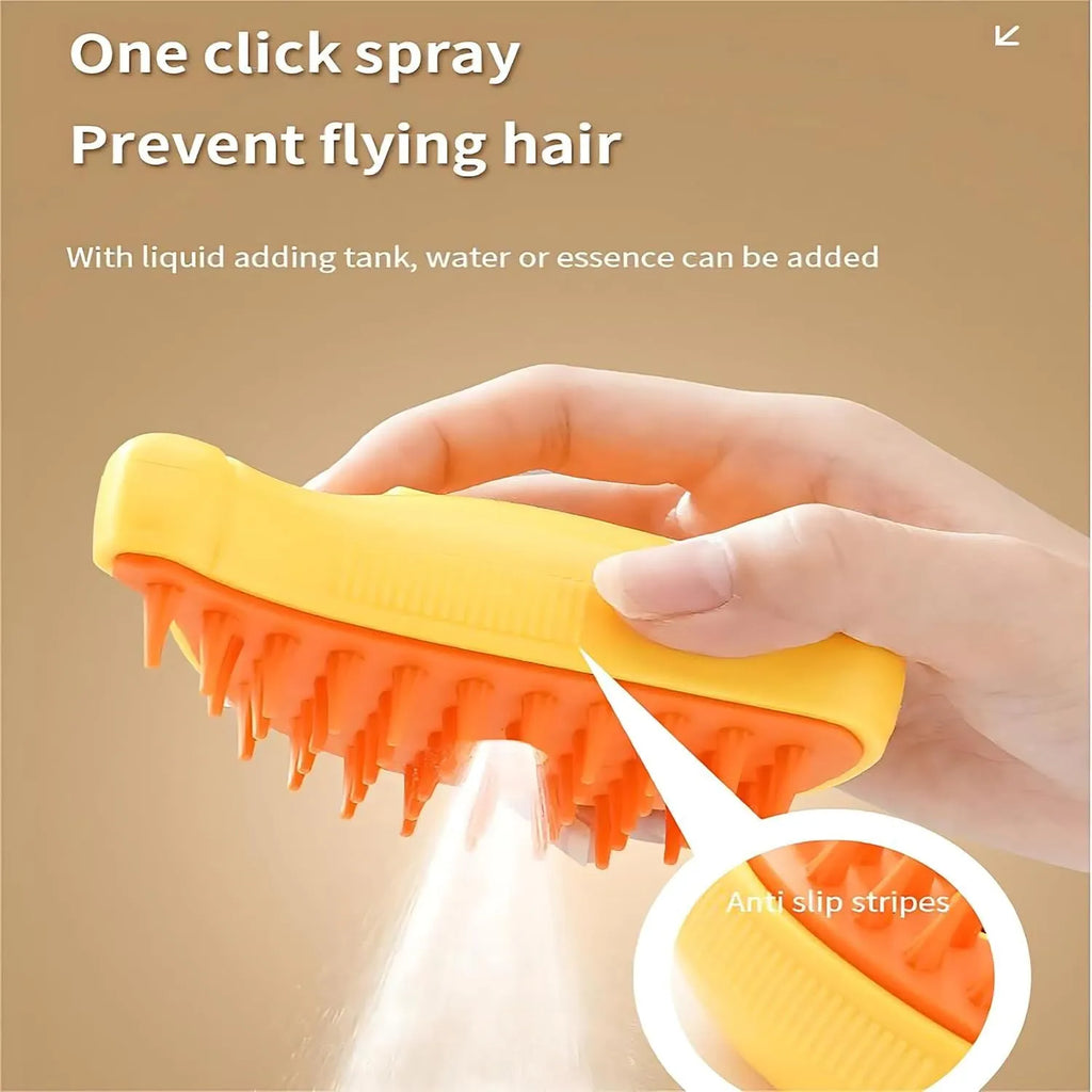 Green or yellow Cat Steam Brush with round teeth and cat paw-shaped ends for pet grooming